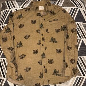 American Eagle Outfitters Tan Flannel Shirt with Bear Pattern